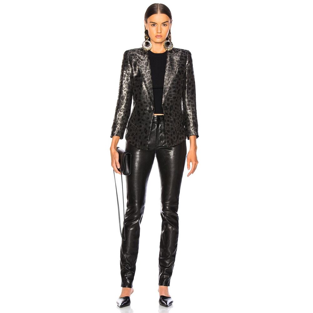 Smythe Film Fest Sharp Shoulder Blazer Metallic Leopard Size 0 Black Grey Chic
